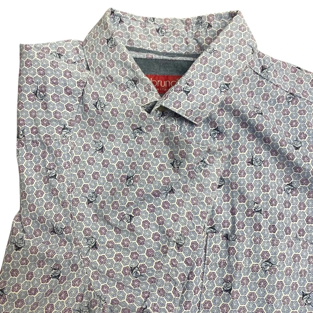 Bruno Milano Men Modern Fit Short Sleeve Button Down Shirt Blue Purple Geometric